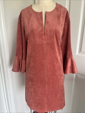 BCBG Rust Faux Suede Shift Dress with Fluted Sleeves Autumn Fall Romantic Boho
